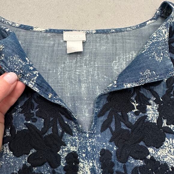 Chico's Kurta Tunic Embellished Tencel Denim Size 2 US 12 Blue White - Picture 13 of 15